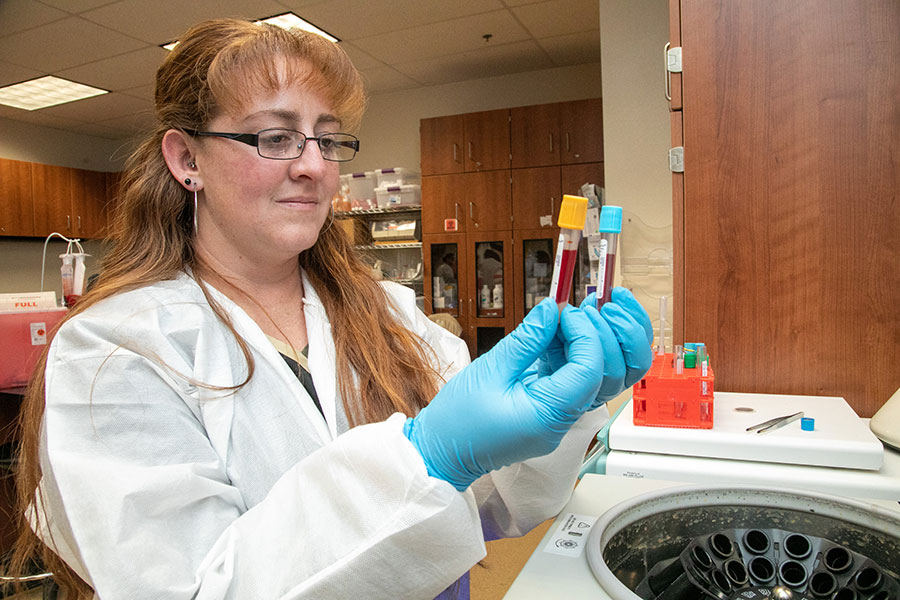 A female healthcare professional in a lab coat and gloves examines blood sample vials in a clinical lab setting. This image represents entry-level healthcare certifications that offer hands-on lab experience, ideal for those exploring what healthcare certifications are available without needing a degree.