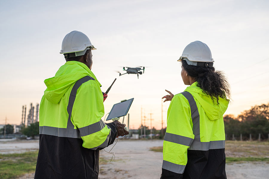 Two professionals in safety gear and hard hats operate a drone using a tablet and remote control at an outdoor industrial site. This image illustrates real-world applications of drone technology and supports topics related to careers with drones and working in the drone industry.