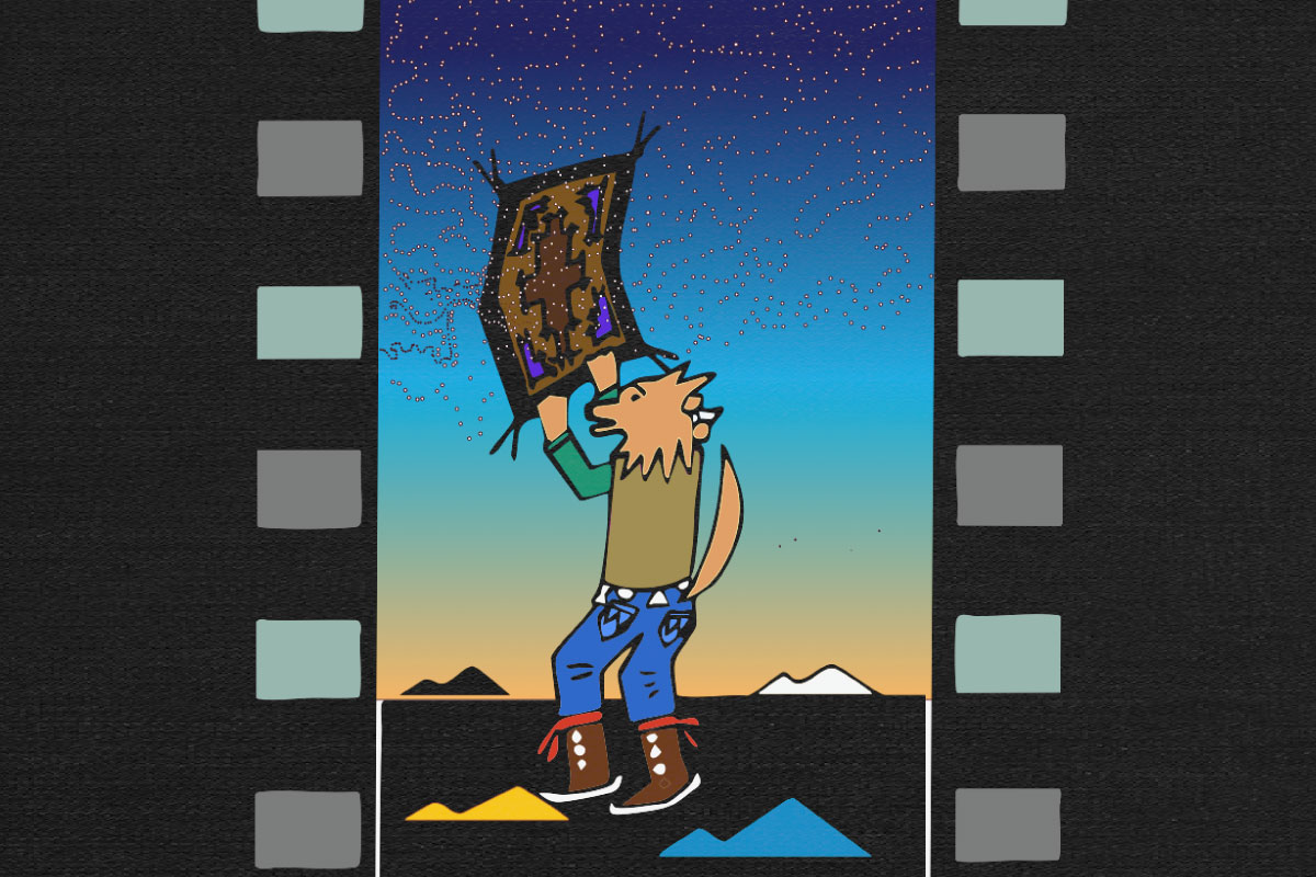 Artwork created by Anthony Chee Emerson of a wolf holding a rug up towards a stary sky.