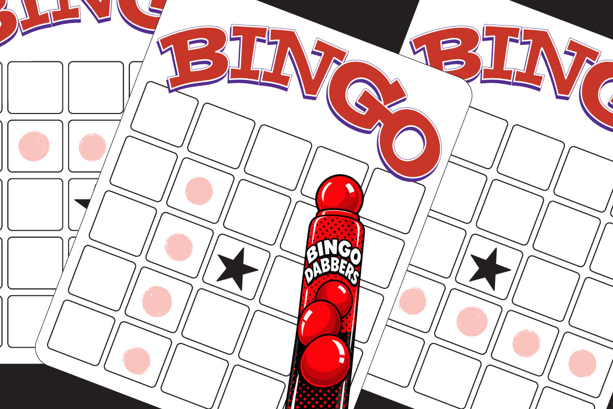 Three Bingo cards with Red letters and a red dot marker