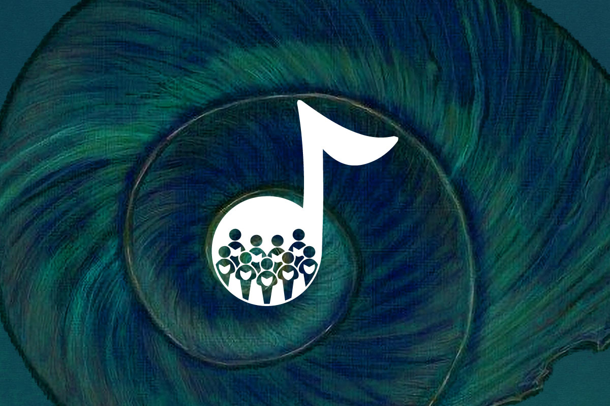 A green spiral with a whote music note in the middle