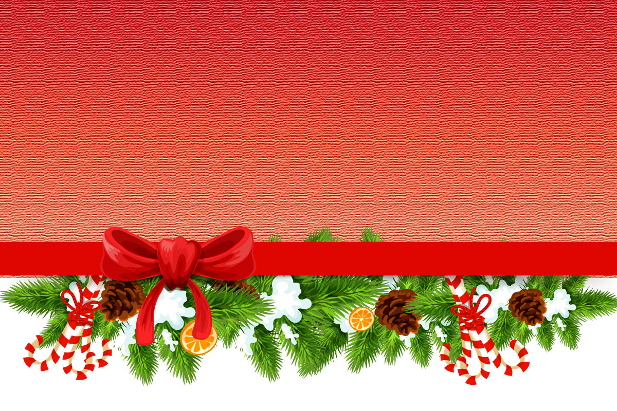 Red background with a red bow with holly along the bottom