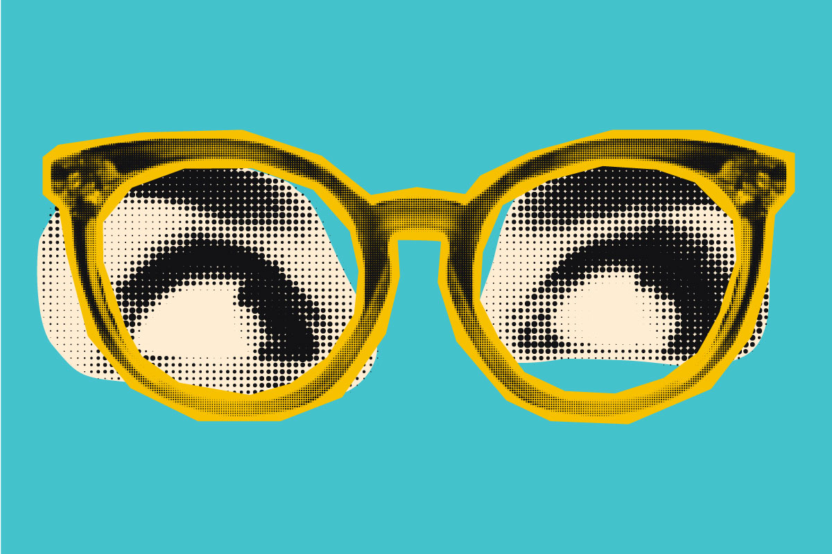Pop art of a pair of yellow reading glasses with eyes peeking through in pixelated black and white