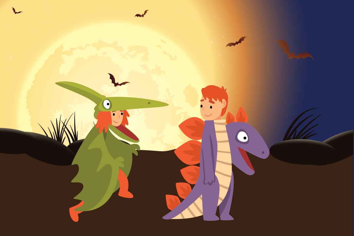 Two cartoon kids in dinosaur Halloween costumes with a bright moon and bats flying around.