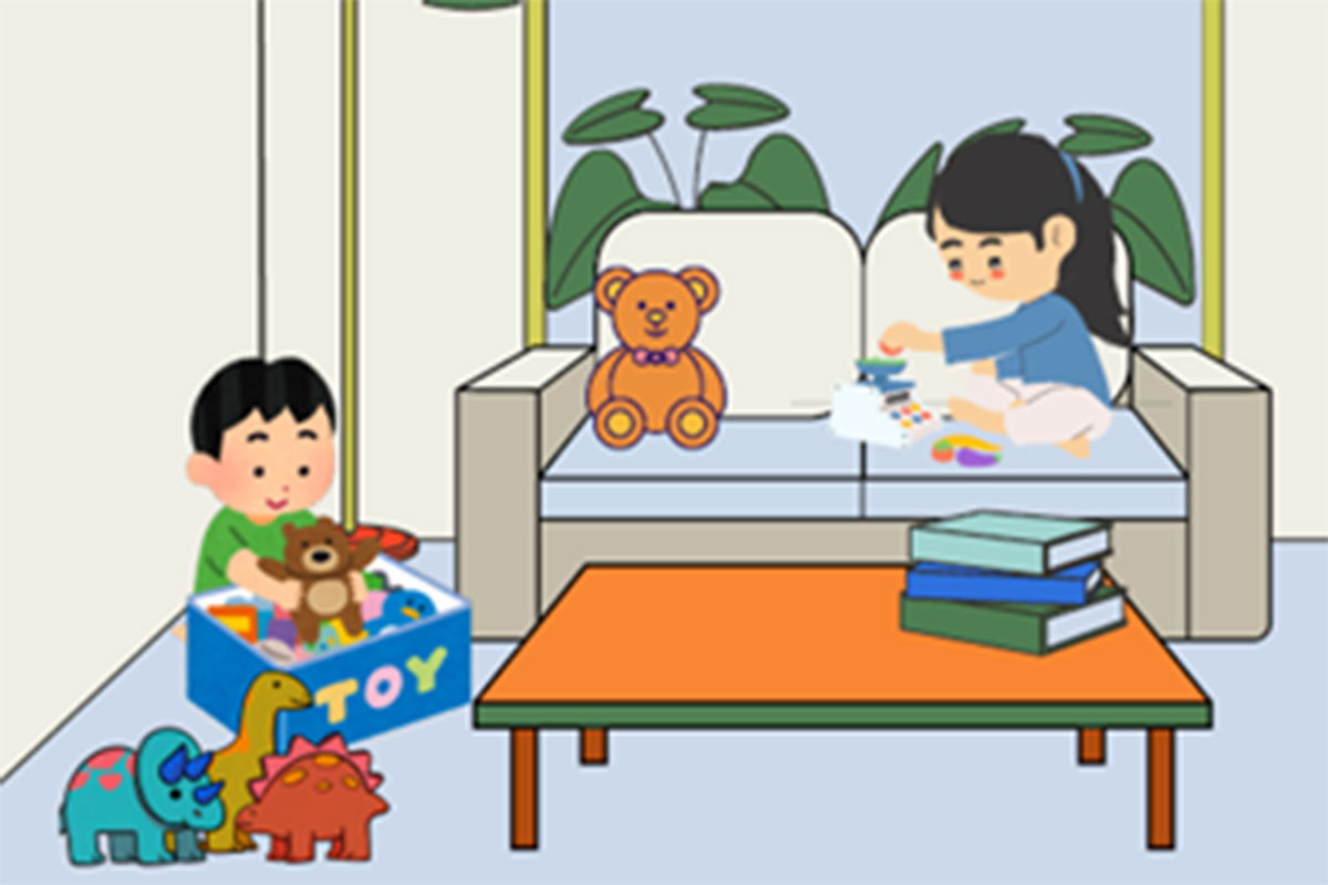 Two cartoon kids playing with toys and sitting on the couch and floor.
