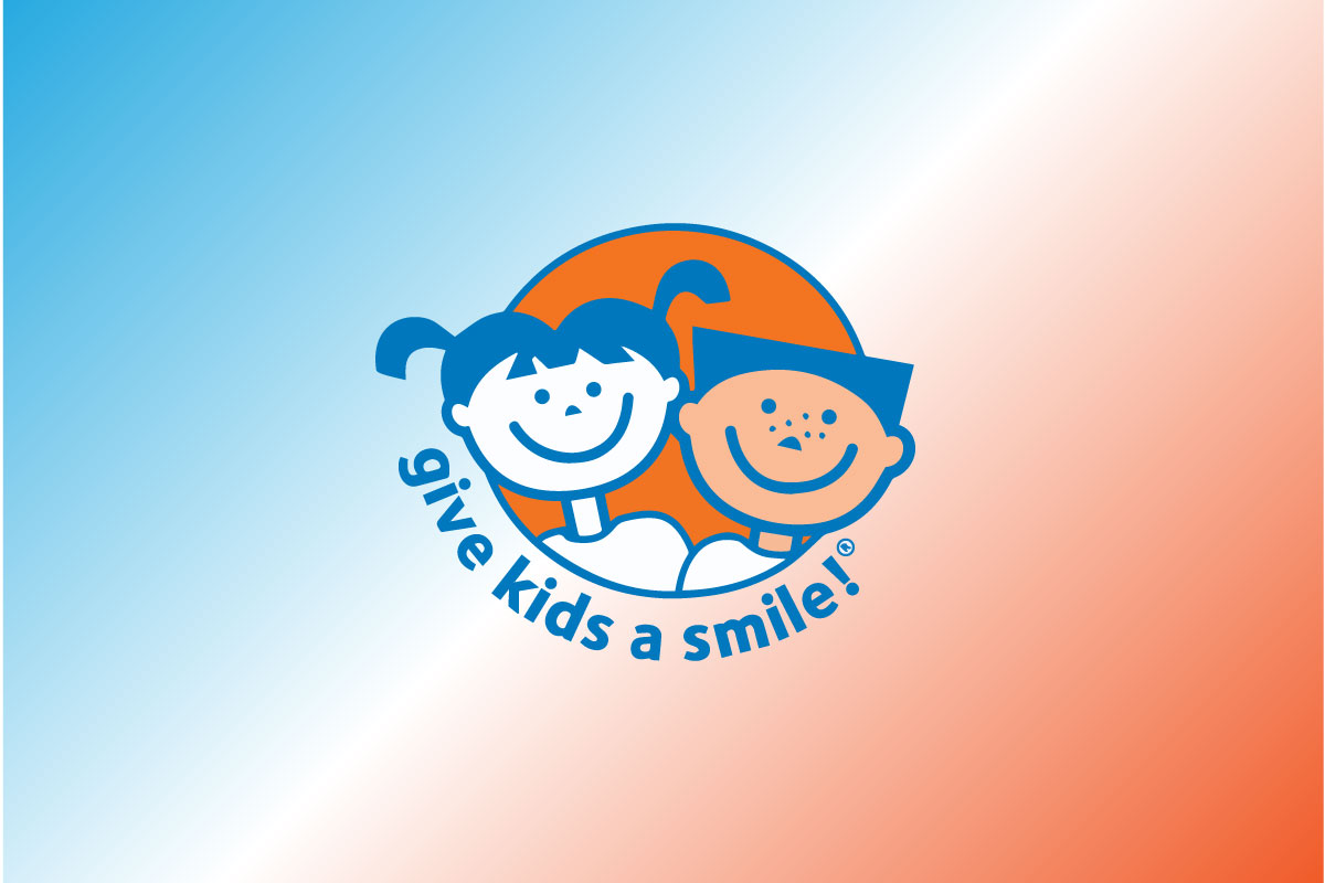 Blue and orange background with a little girl and boy with the give kids a smile below them