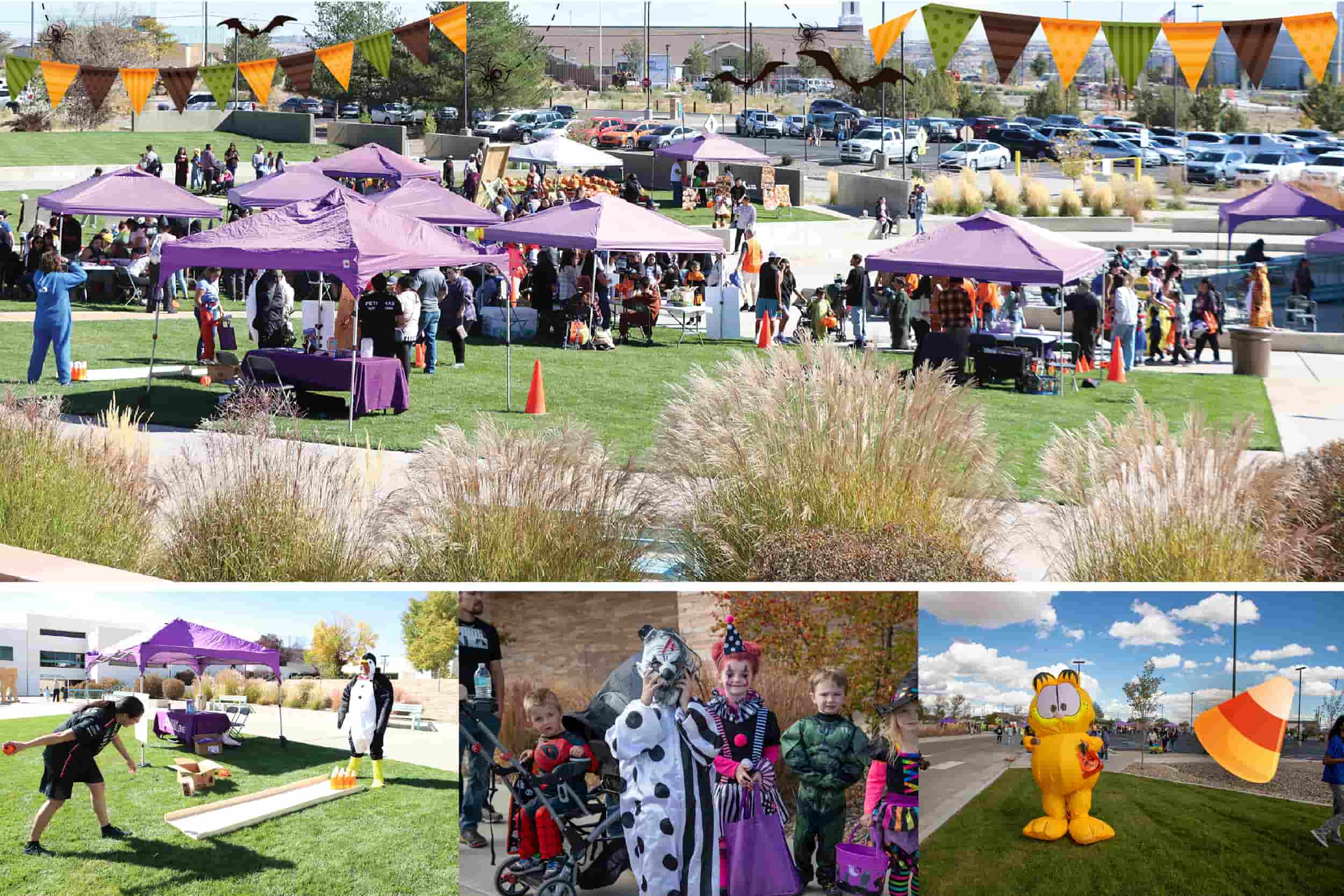 Halloween Carnival at San Juan College Campus with purple tents and community members bowling, dressing in various Halloween costumes of spiderman, clowns and Garfield.