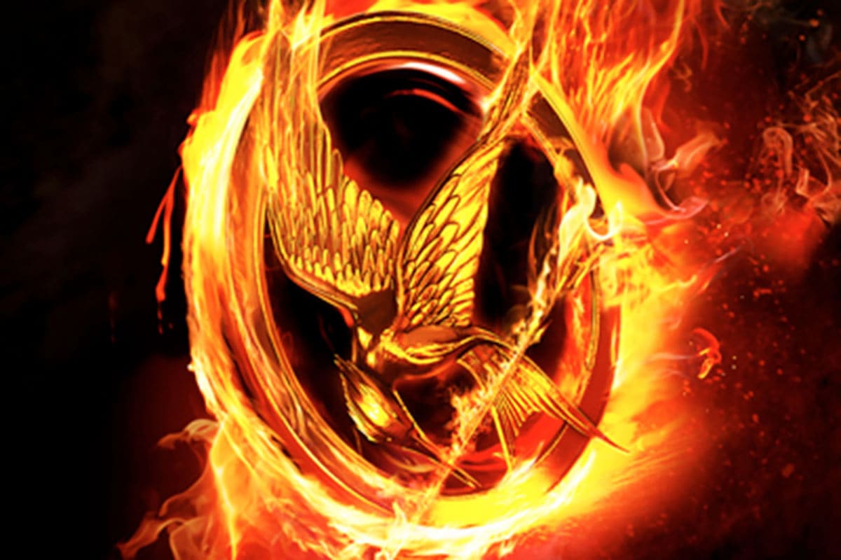 Hunger Games medallion, bird in center circle with flames