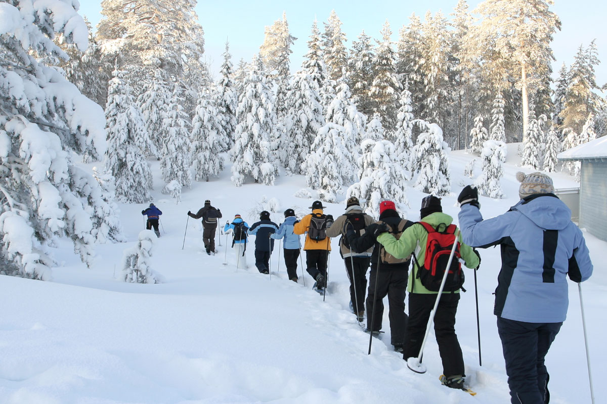 Group of students snowshoeing
