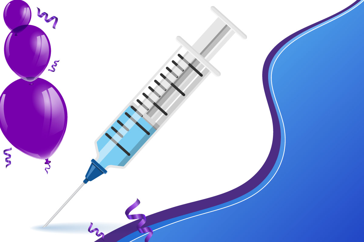 Purple balloons with a needle to the left and a wavy blue color spot to the right