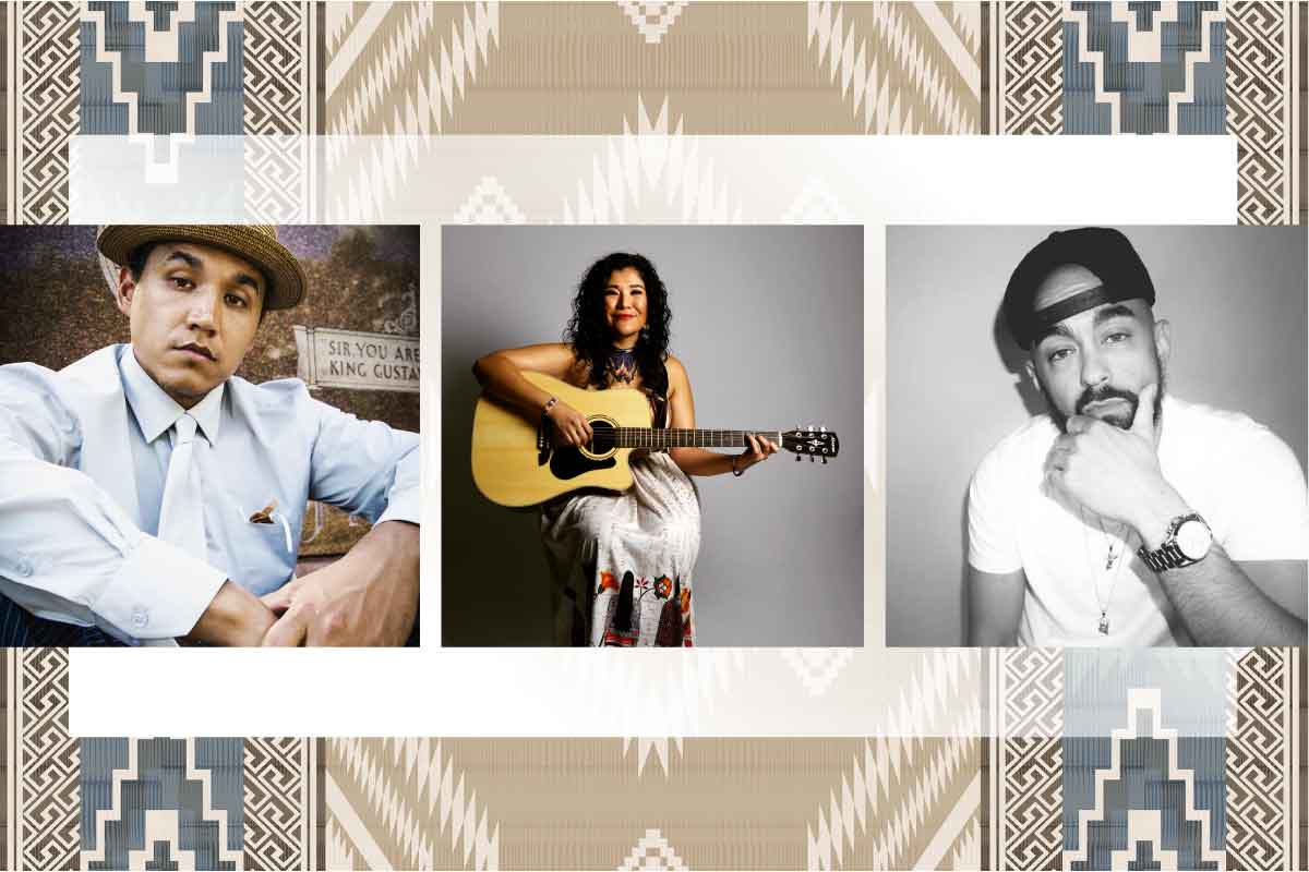 Tall Paul, Tanaya Winder and Twin City Tone headshots with tribal print on top and bottom.