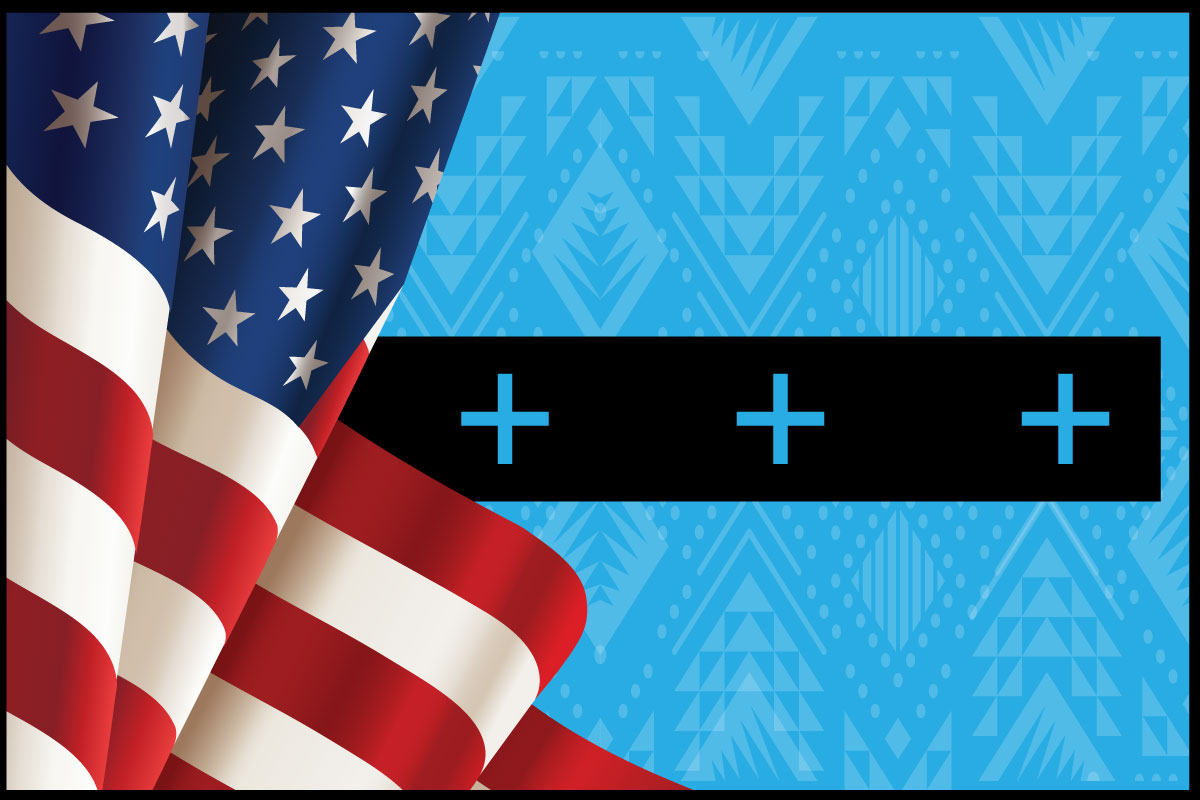 Flag on top of a blue tribal print with a black block going horizontal.