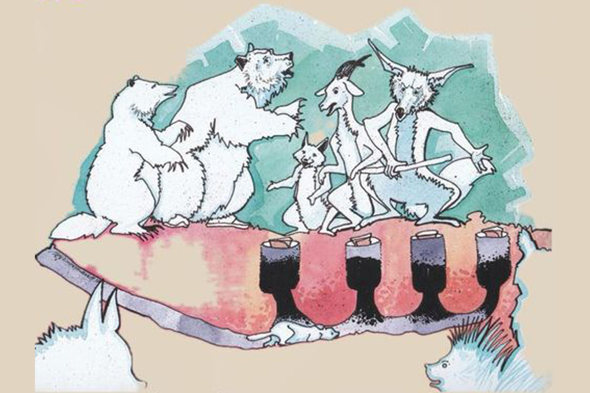 Beaver, Bear, Fox, Goat and a Coyote standing against a turquoise background.