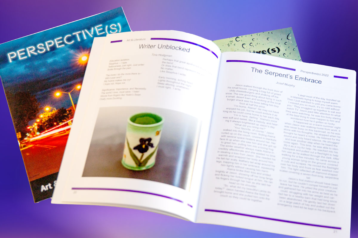 Perspective(s) Magazine to the left with one publication open to the right reading Writer Unblocked and The Serpent's Embrance