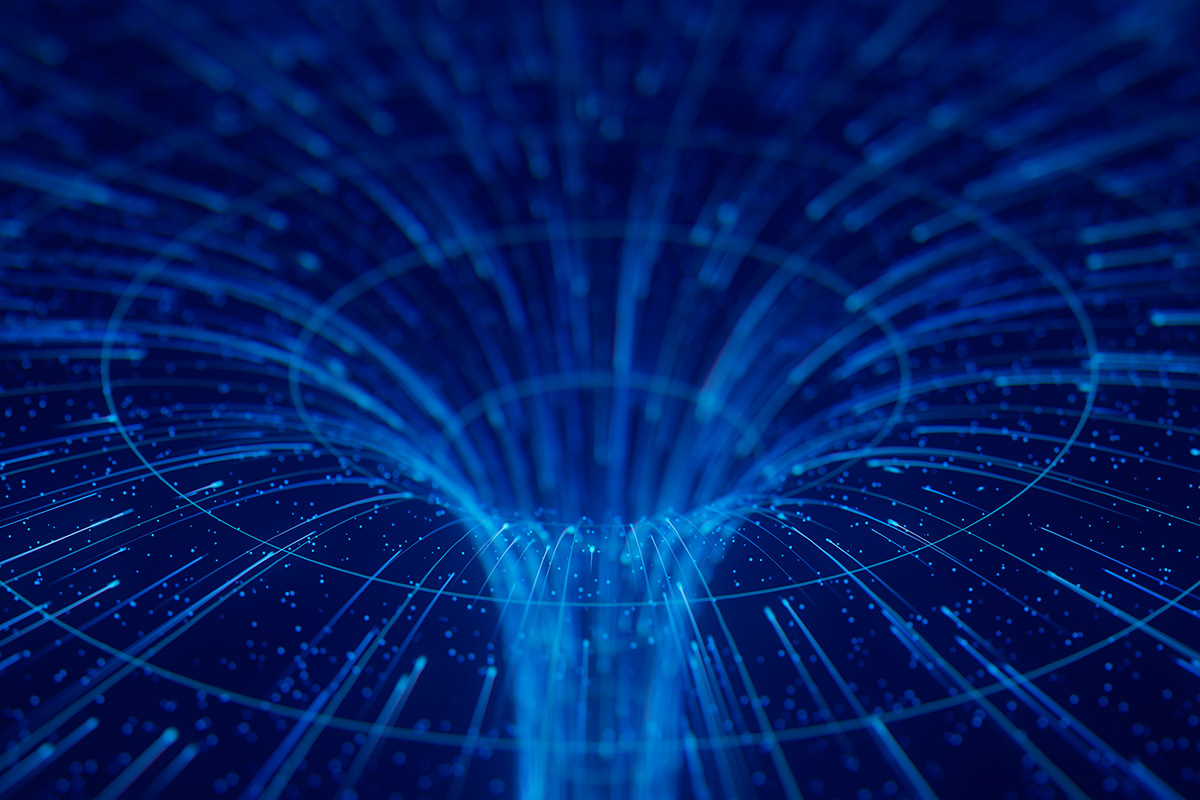A conceptual illustration of a worm hole in dark navy blu