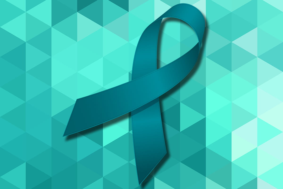 A blue ribbon on a turquoise background