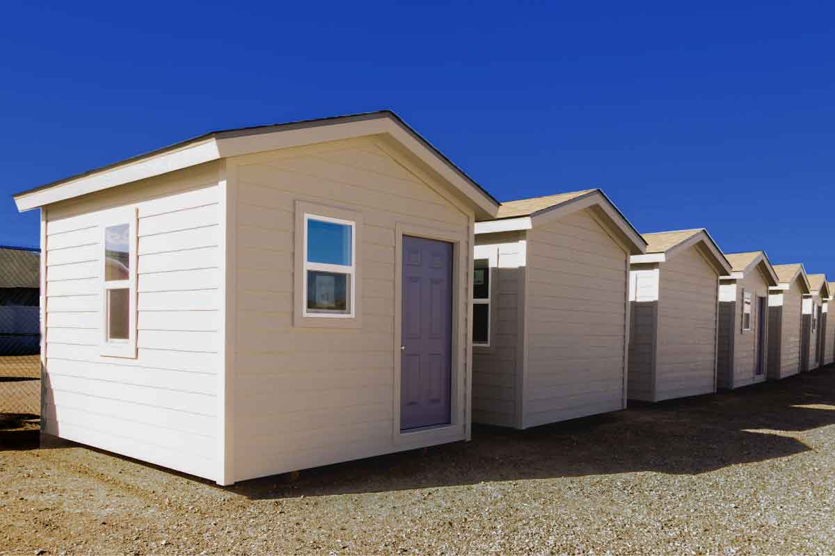 Six built sheds that were made by the San Juan College students in Building Trades.