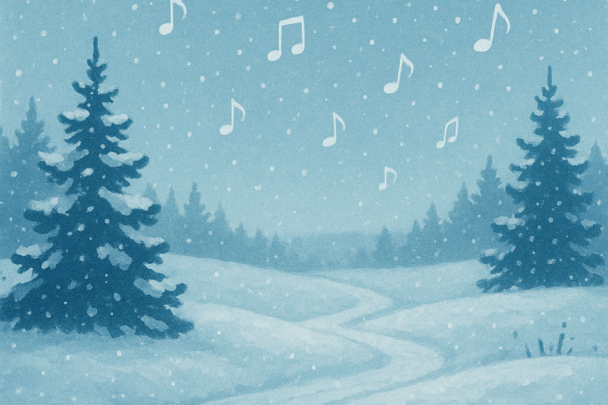 Two trees on a snowy path with music notes falling in the sky