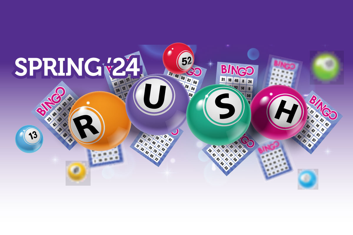 Spring 24 BINGO cards in the background with RUSH in multi color balls