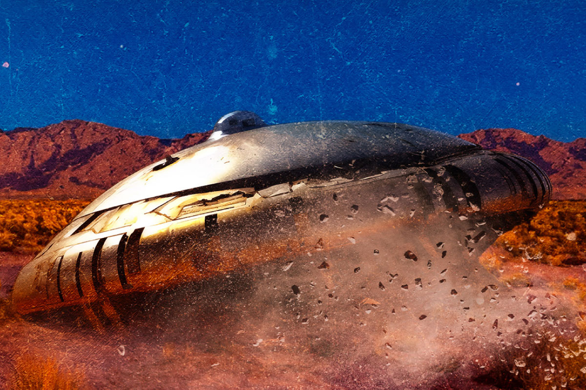 A UFO crashed in the desert with dust flying.