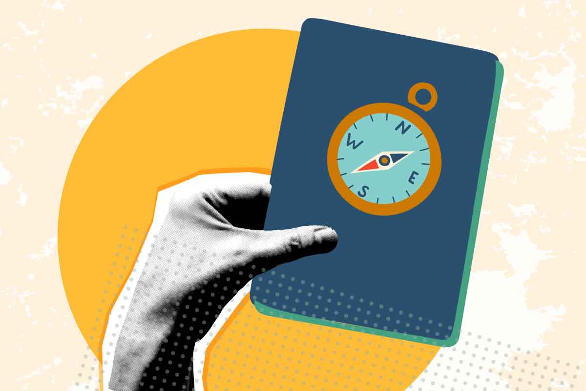 Yellow background with a hand holding a passport with a compass on the cover.
