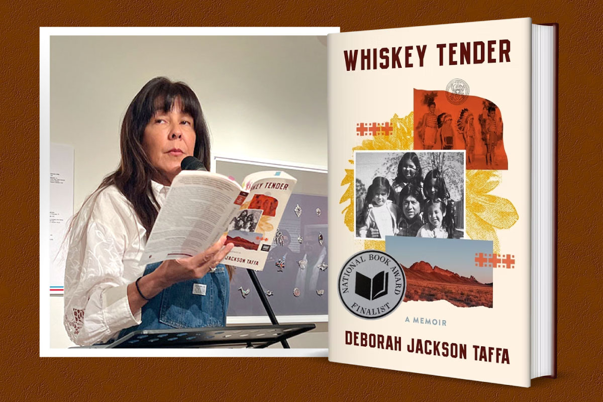 Deborah Jackson Taffa on the left with her book Whiskey Tender on the right