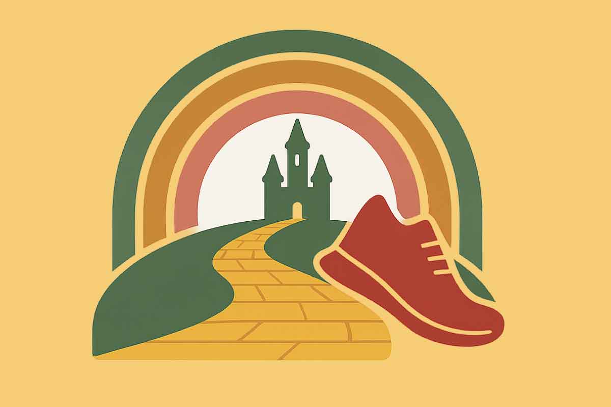 The Wizard of Oz yellow brick road with a rainbow and the Emerald City castle in the background.