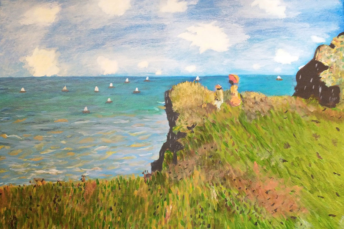Painting of ocean scene with a small grassy hill with boats in the distance