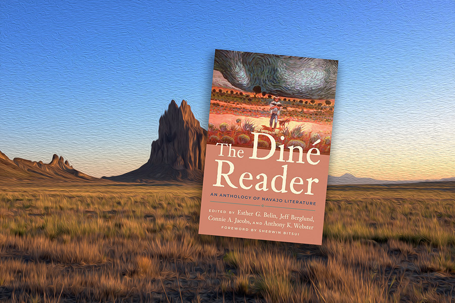 The Dine Reader book cover hovers over an image of the Shiprock.