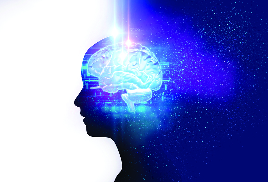 silhouette of face with brain with starry blue background