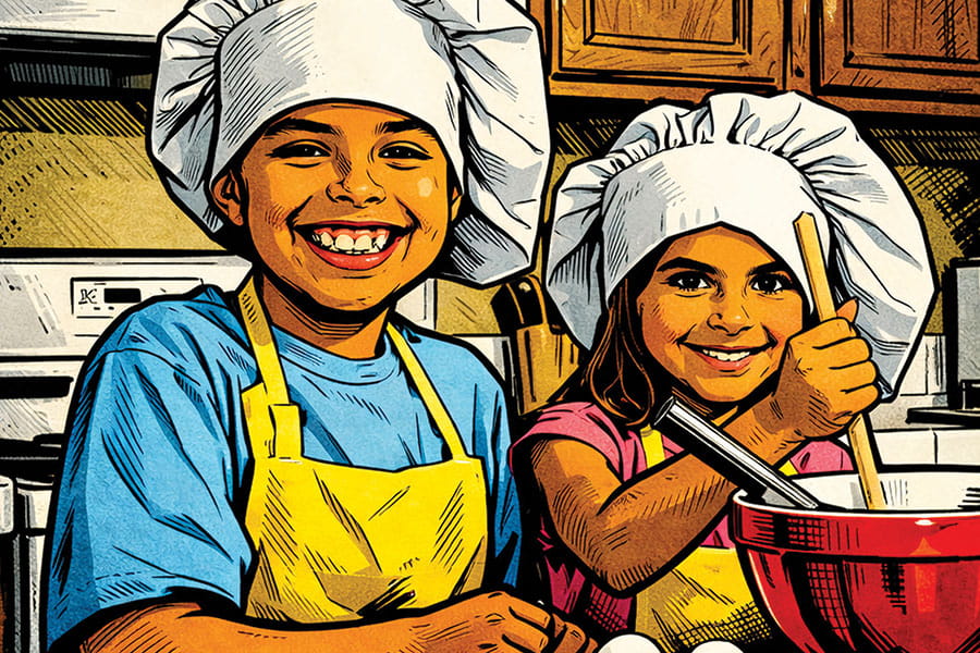Two SJC Kids Kollege students in a cooking class in a cartoon drawing