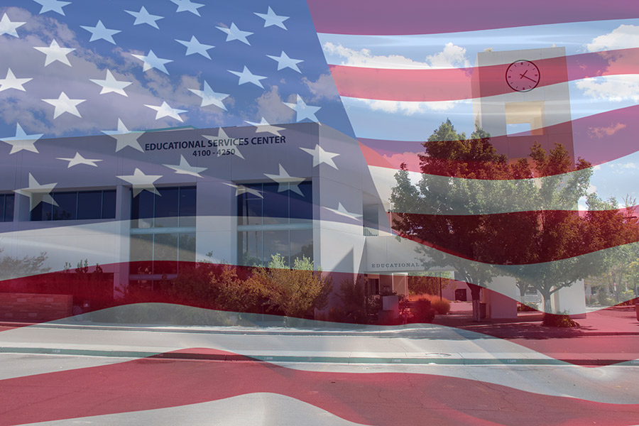 Clocktower with transparent American Flag across full image