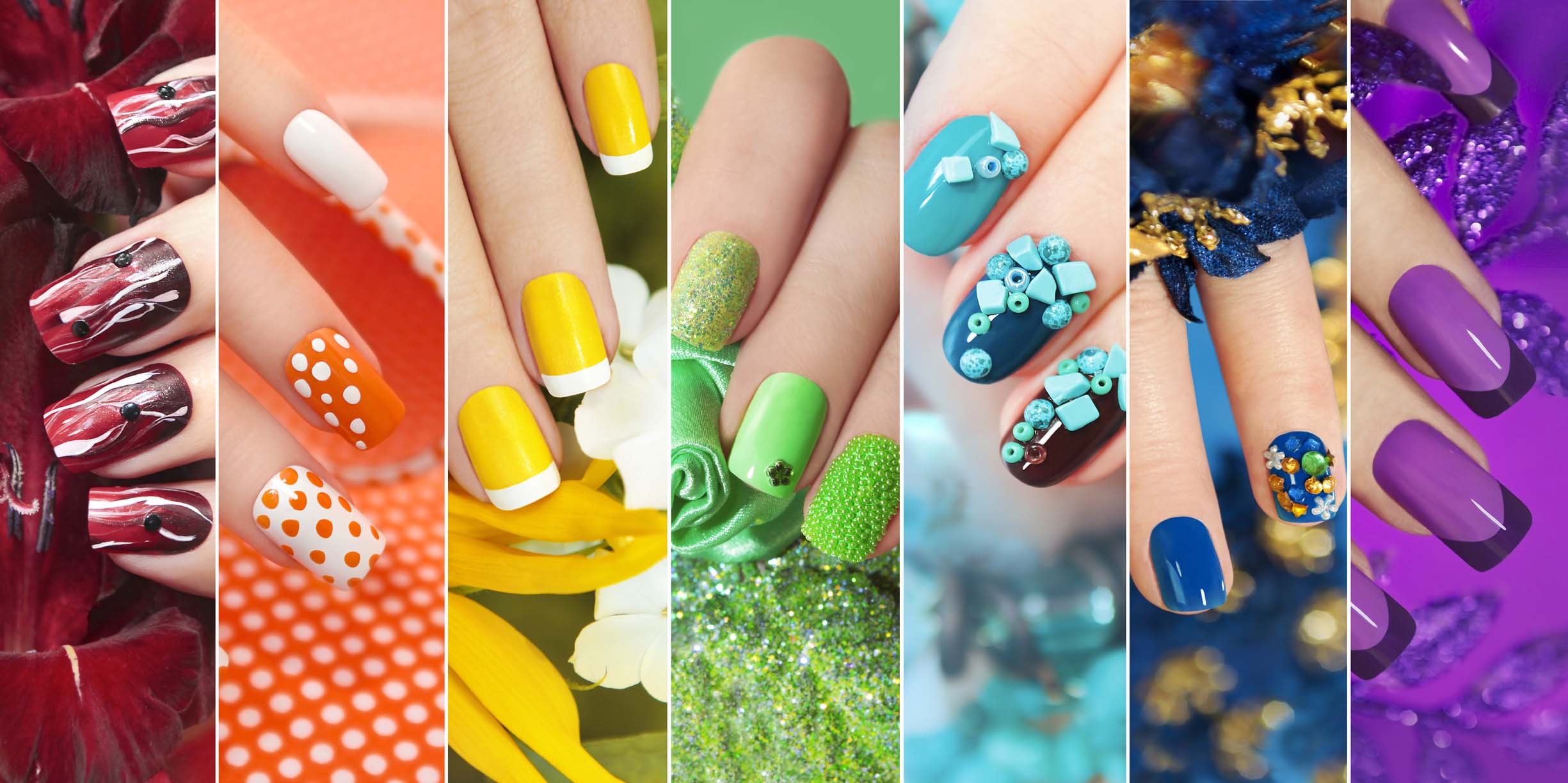 Three images of manicured nails in yellow, green and blue