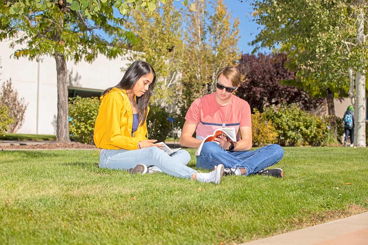 Student relax in the grass reading together