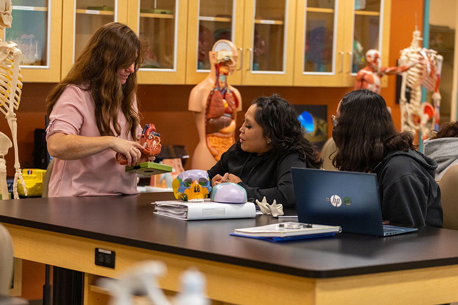 Three SJC students look at a 3-D model of a heart while sitting at a lab table in a classroom